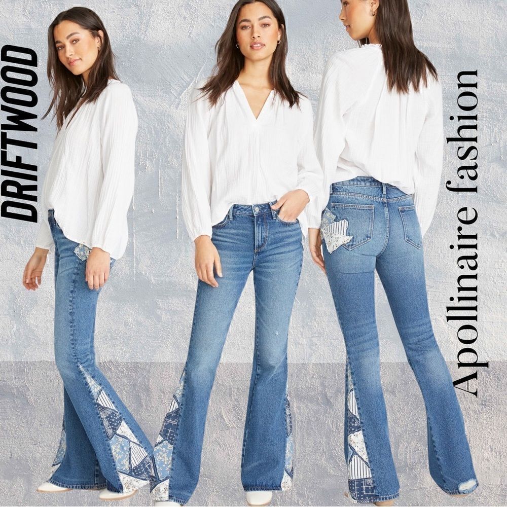 DRIFTWOOD FARRAH FLARE PATCH UP JEANS NWT POOL BLUE